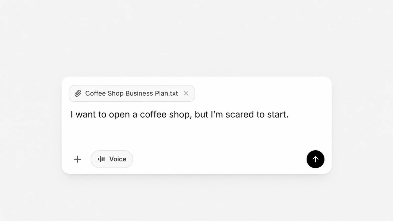A coffee shop business plan is attached to a message: I want to open a coffee shop, but I’m scared to start.